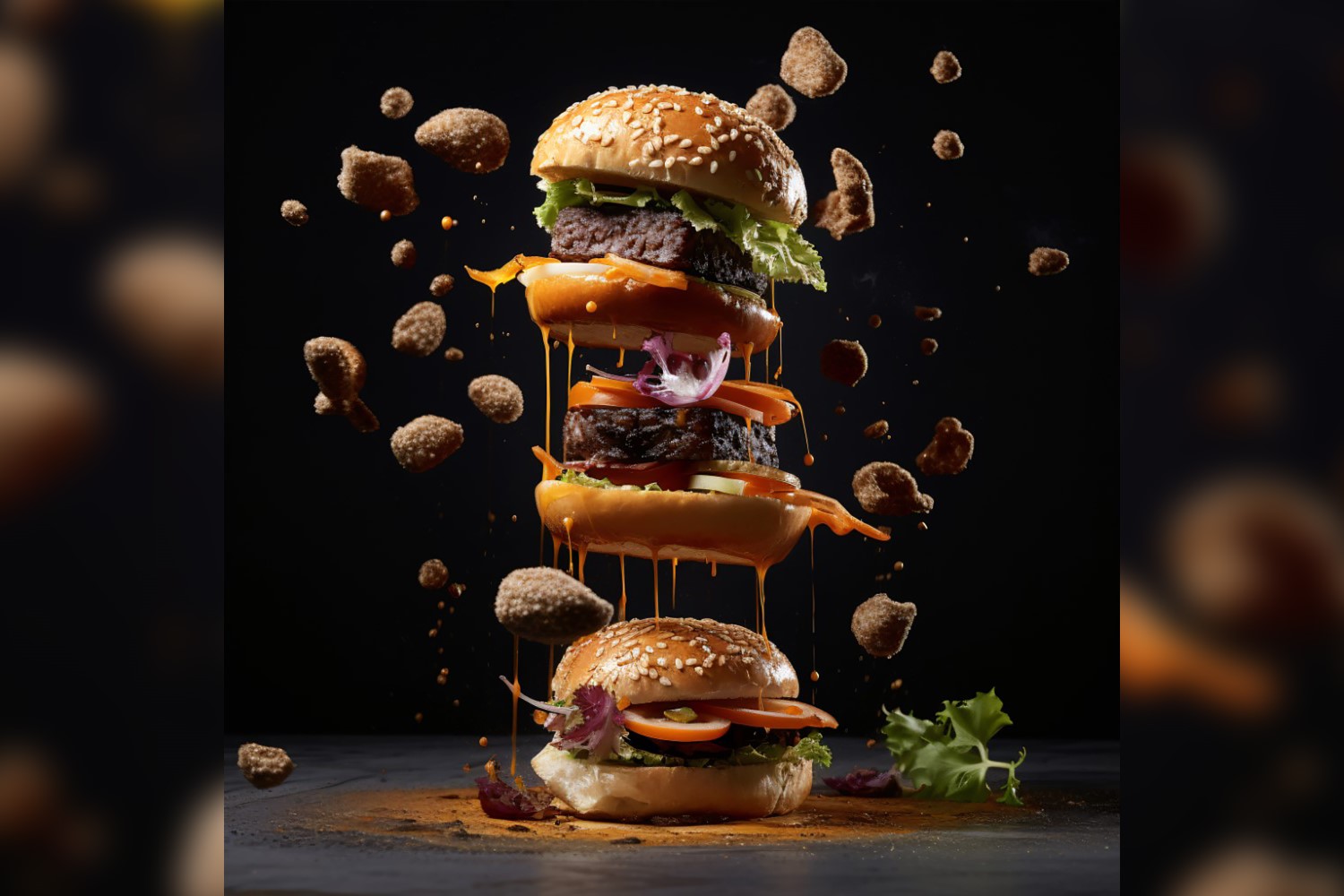 Bacon burger with beef patty and floating ingredients 65