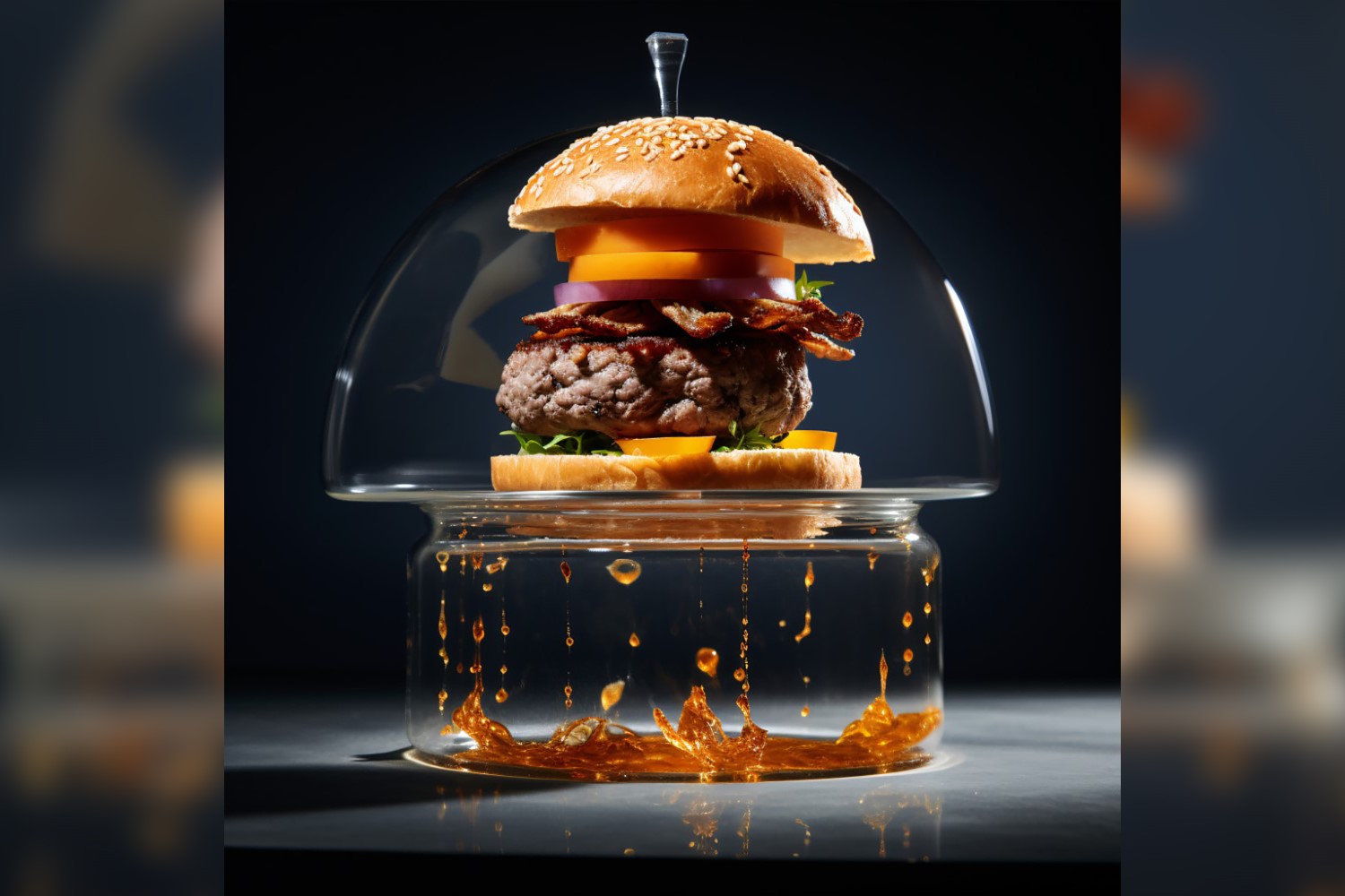 Floating burger open all layers in glass bowl 66