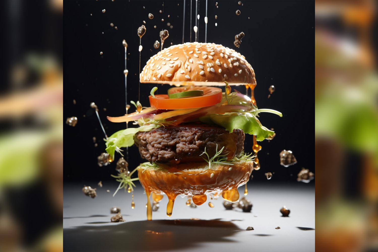 Bacon burger with beef patty and floating ingredients 67