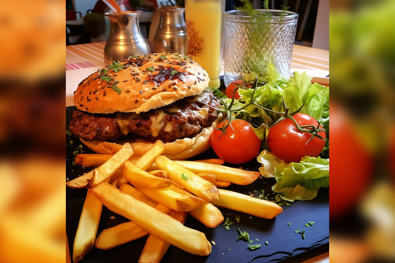 Beef burger with cheddar served with french fries 46