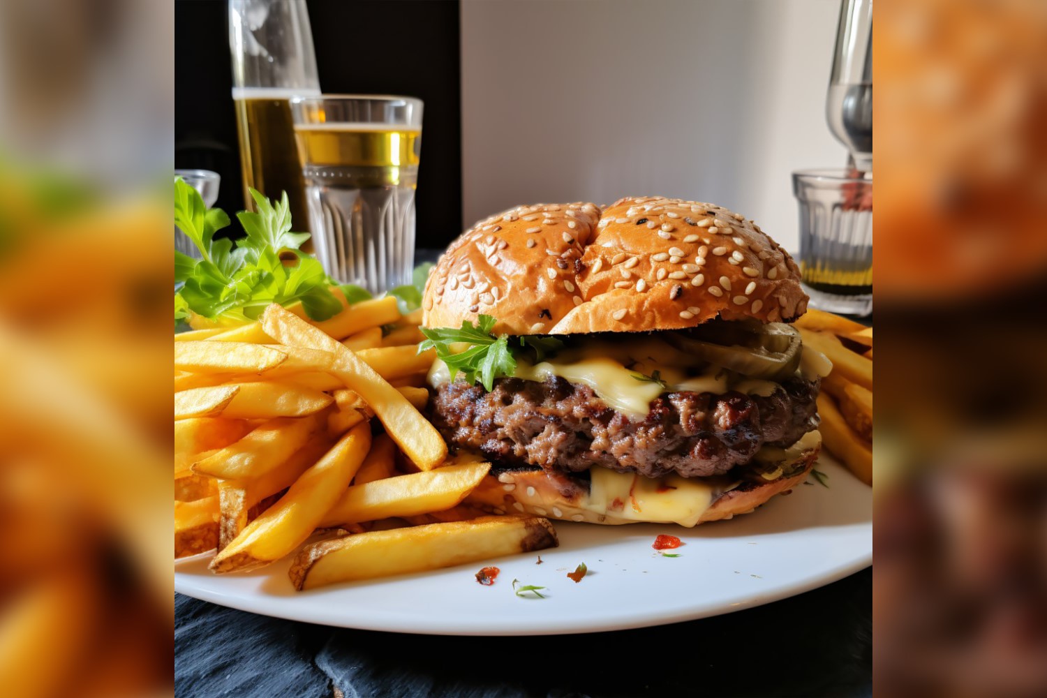 Beef burger with cheddar served with french fries 47