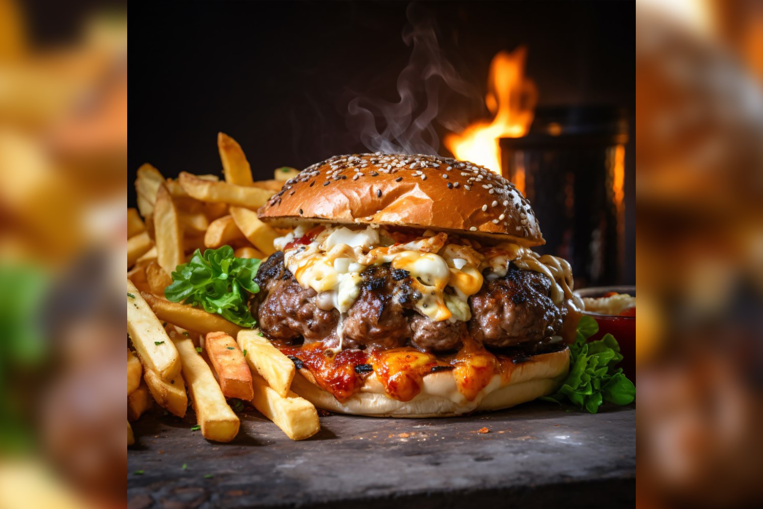 Beef burger with cheddar served with french fries 49