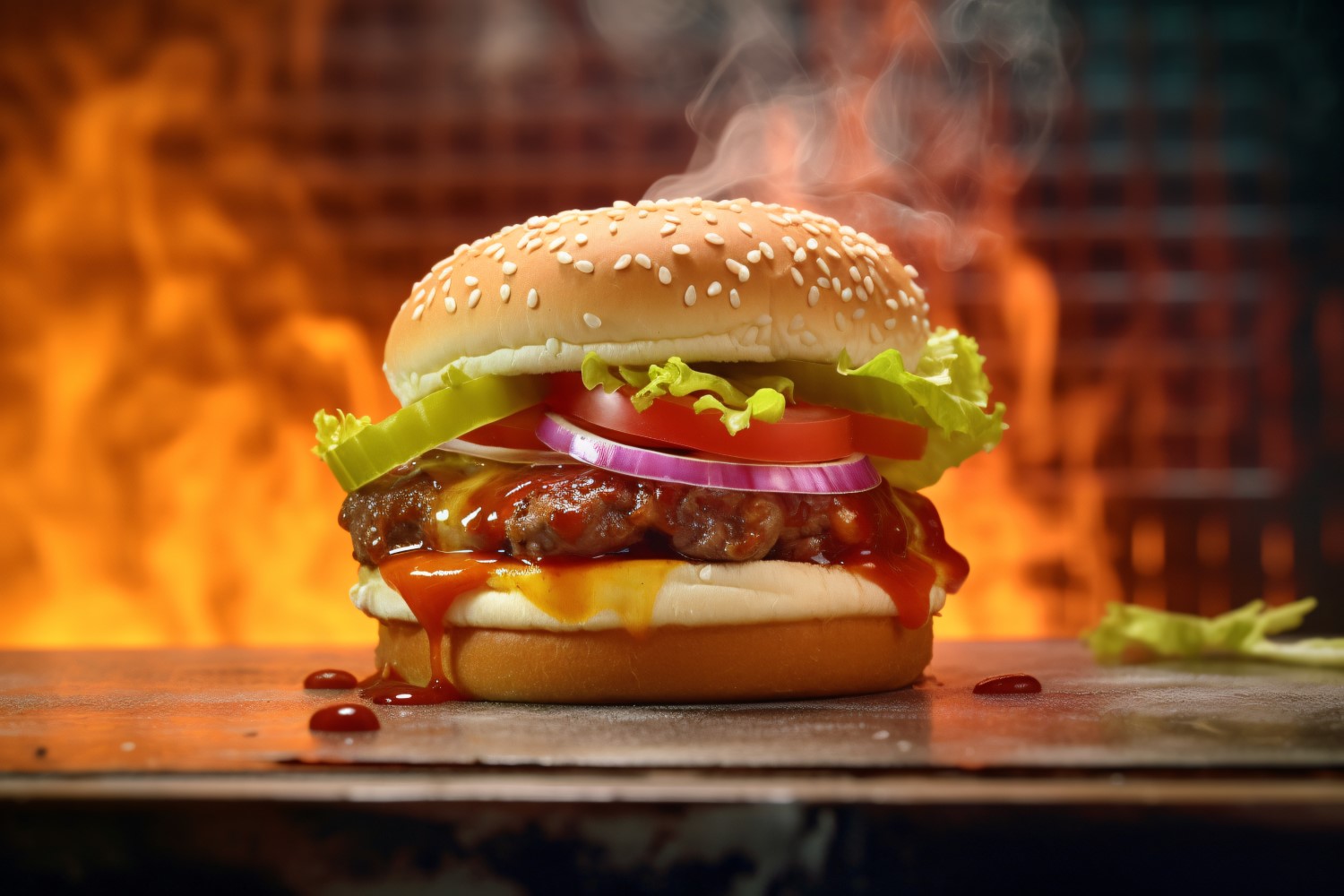 Hot hamburger with beef patty on a wooden table with an fire 50