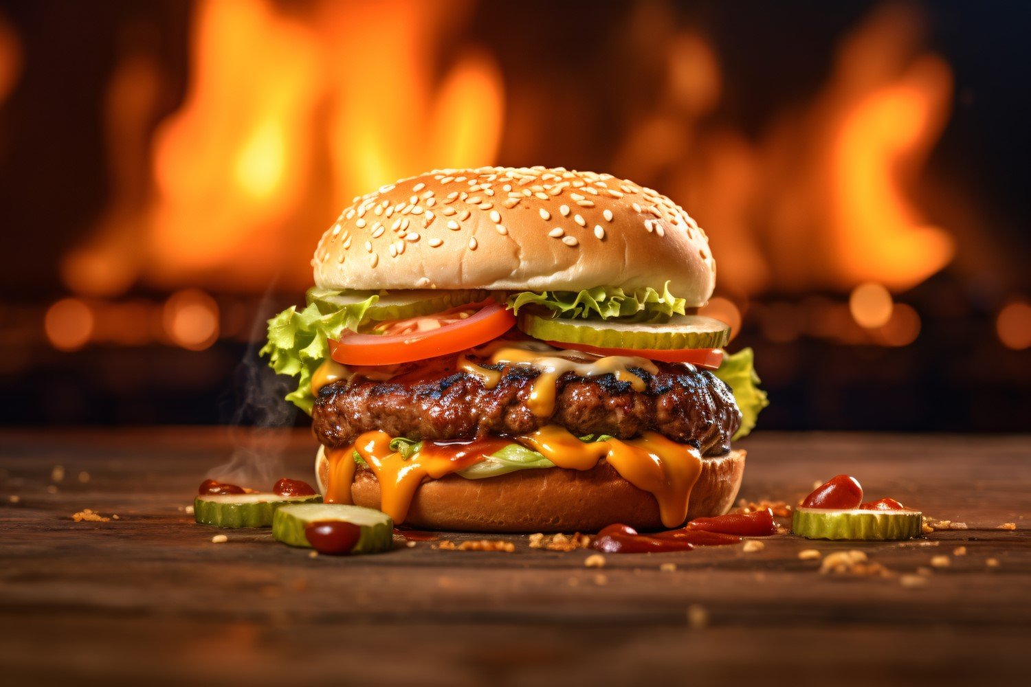 Hot hamburger with beef patty on a wooden table with an fire 51