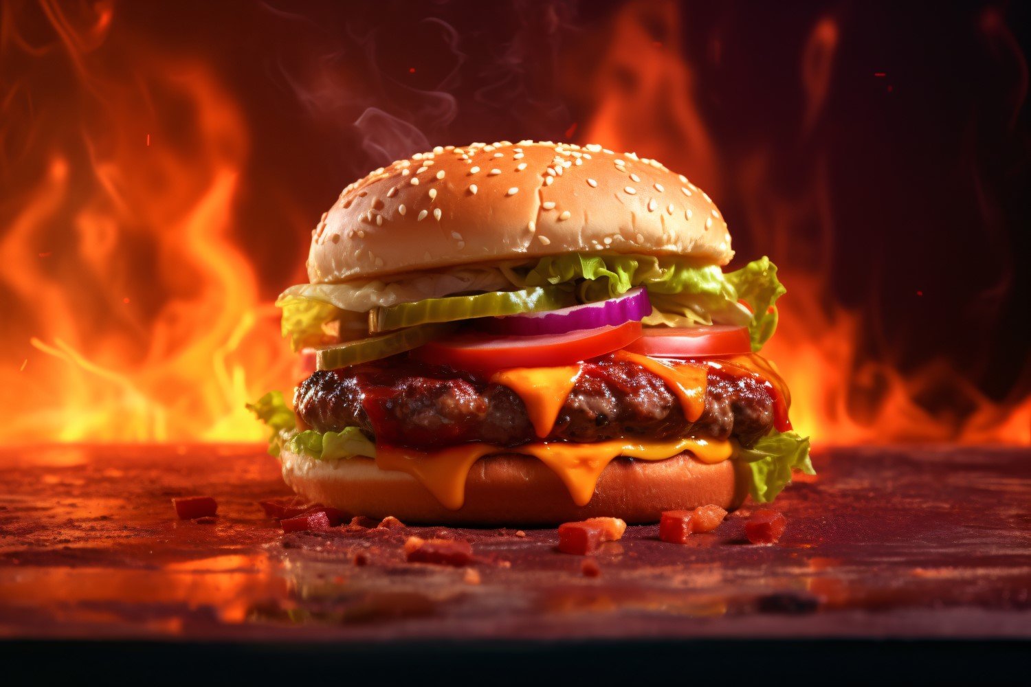 Hot hamburger with beef patty on a wooden table with an fire 52