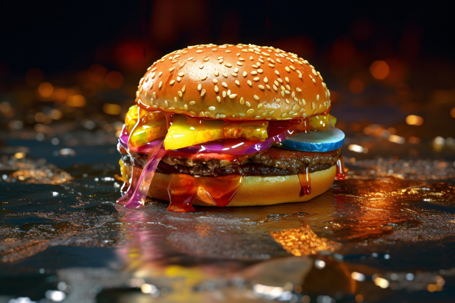 Hot hamburger with beef patty on a wooden table with an fire 54