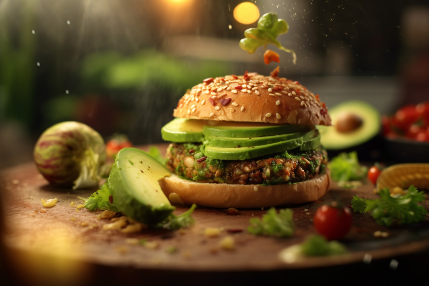 Bacon burger with beef patty with vegetables 77