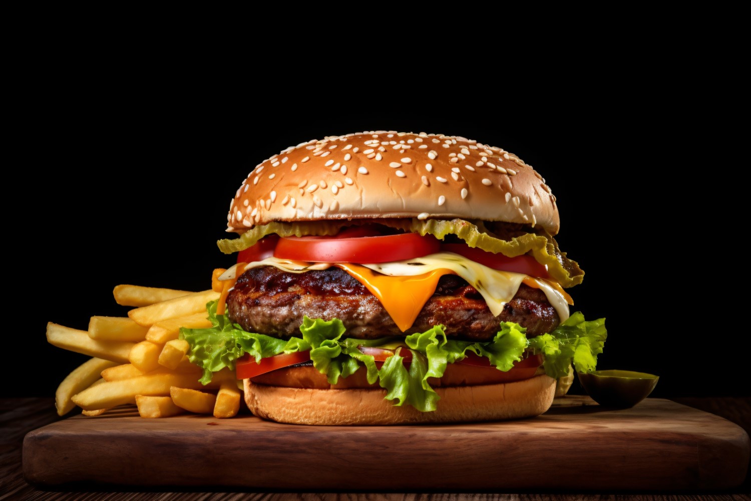 Bacon burger with beef patty and potato chips on wooden tray 87