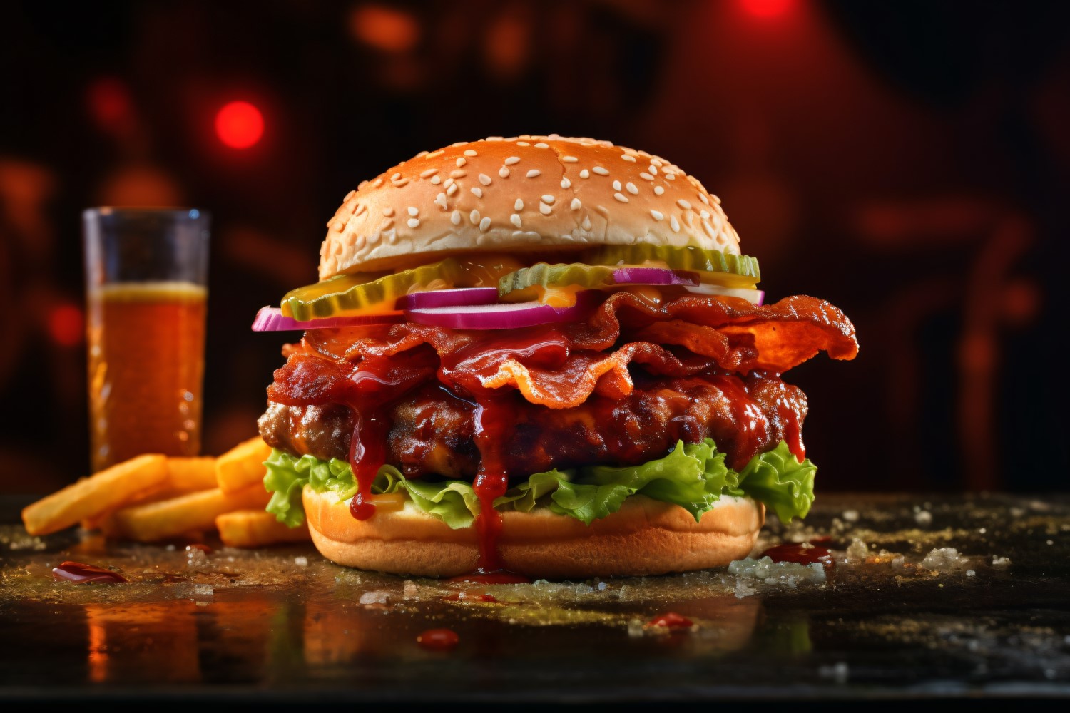 Hot hamburger, Bacon burger with beef patty and potato chips 100