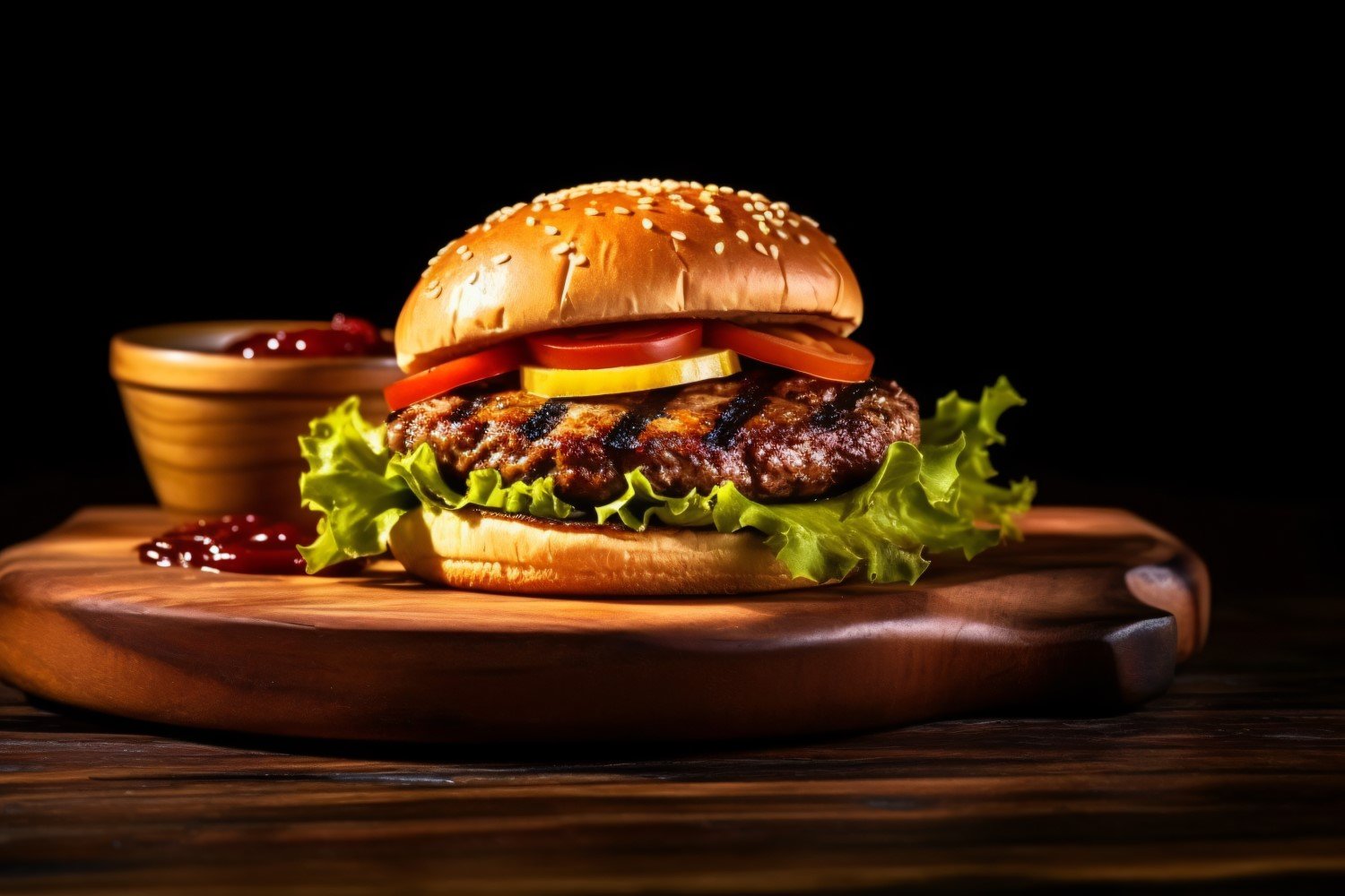 Tasty grilled beef burger on a wooden tray 105