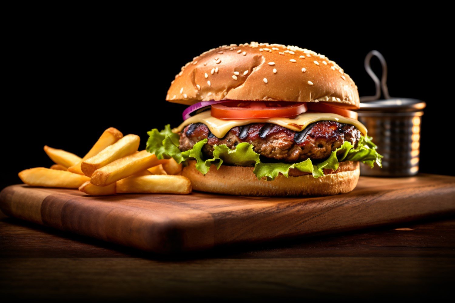 Tasty grilled beef burger with potato chips on a wooden tray  106