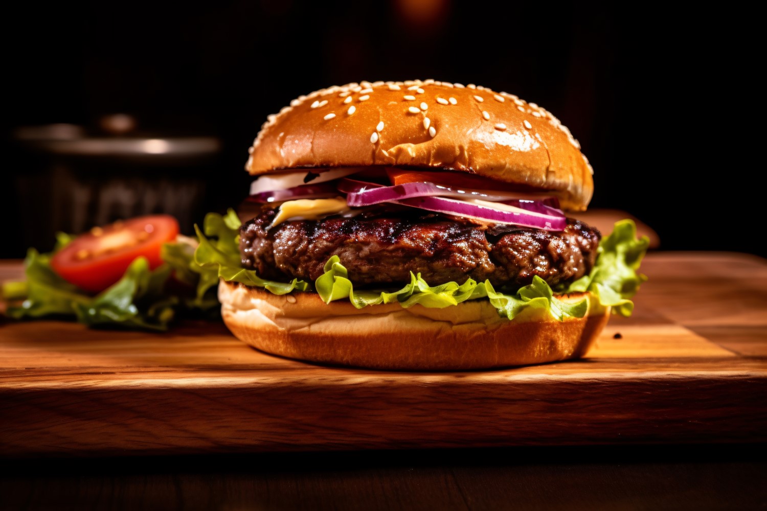 Tasty grilled beef burger on a wooden tray 107