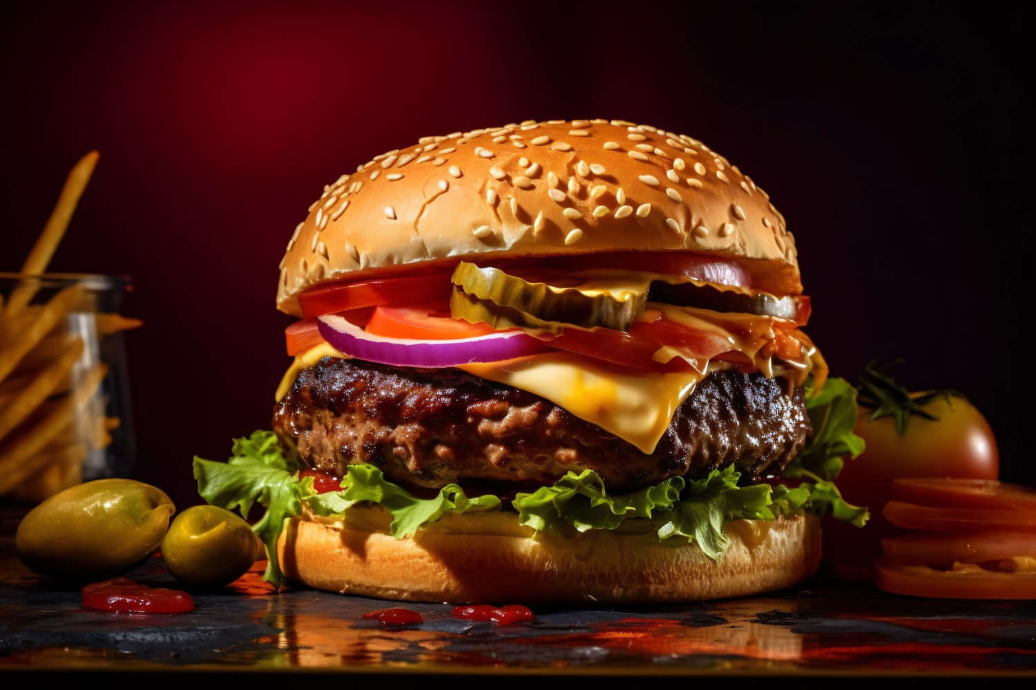 Tasty grilled beef burger on a wooden tray 109