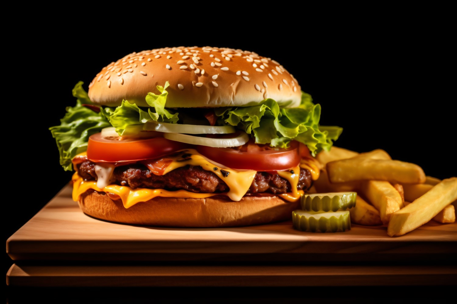 Tasty grilled beef burger with potato chips on a wooden tray