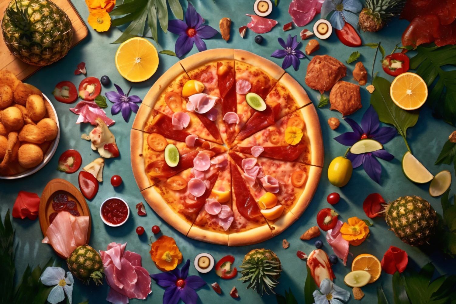 Flatlay Realistic Hawaiian Pizza 64