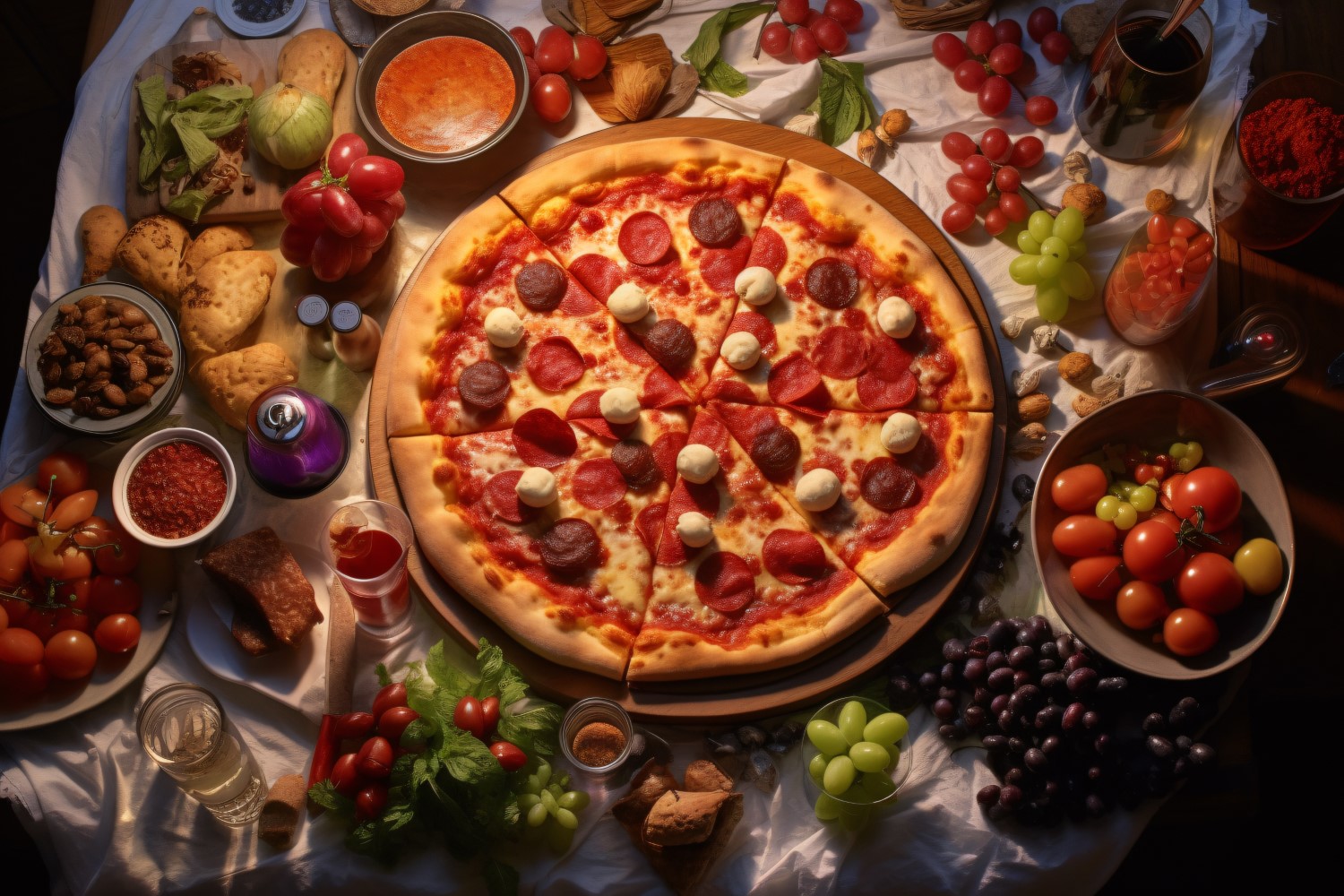 Flatlay Realistic Pepperoni Pizza with Mozzarella cheese 77