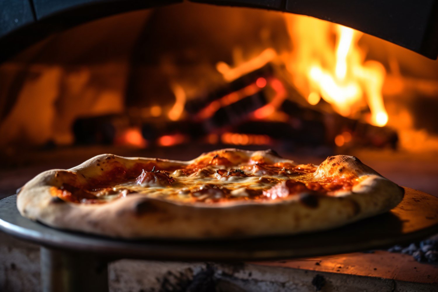 Pizzas on a pizza stone in front of a fire 39