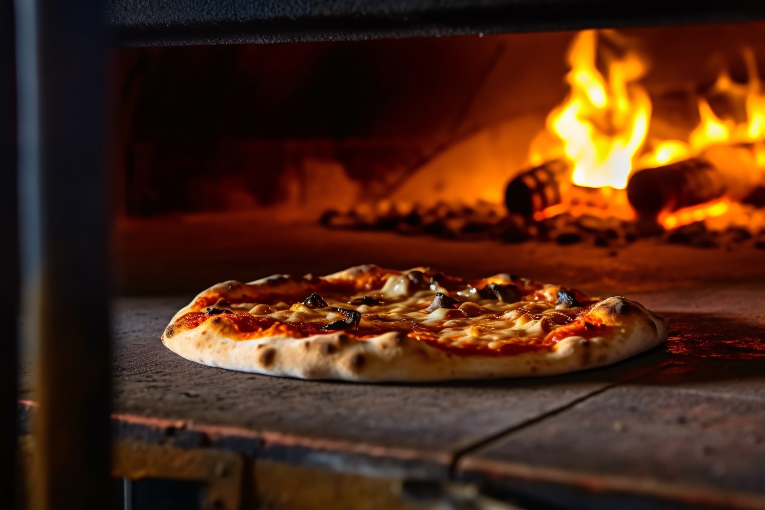 Pizzas on a pizza stone in front of a fire 40