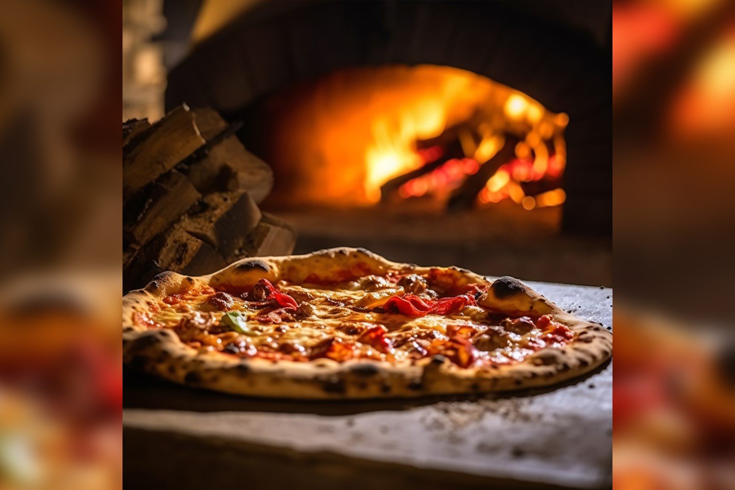 Pizzas on a pizza stone in front of a fire 41