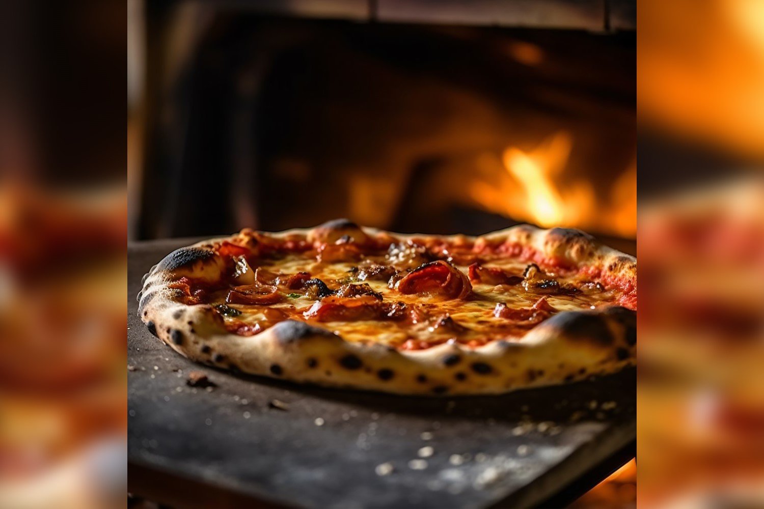 Pepperoni Pizza on a pizza stone in front of a fire 42