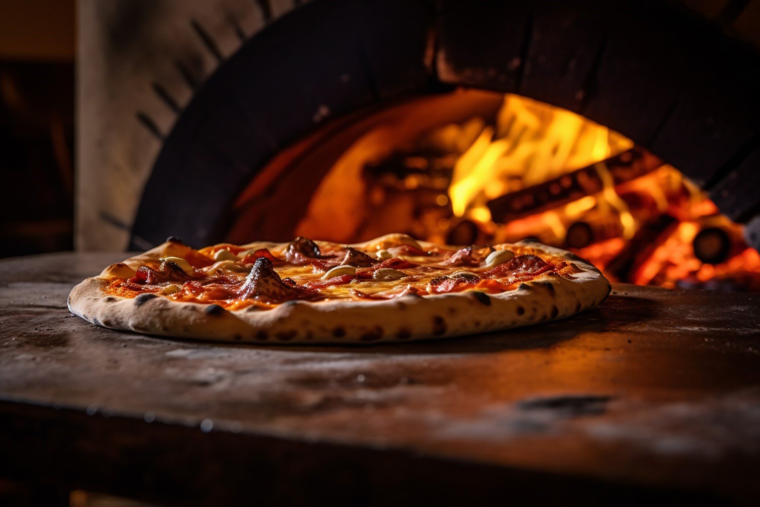 Pizzas on a pizza stone in front of a fire 43