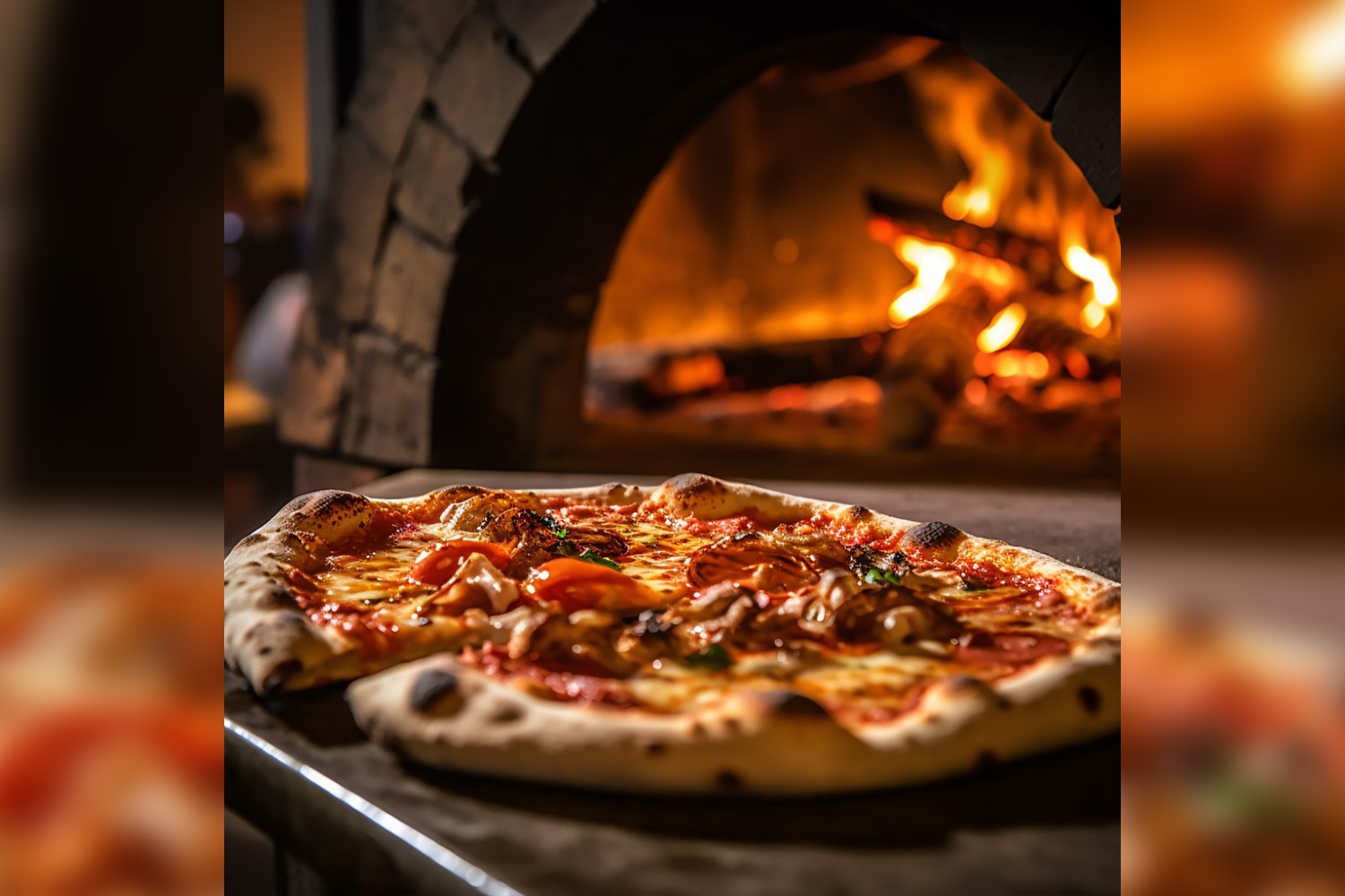 Pizzas on a pizza stone in front of a fire 45