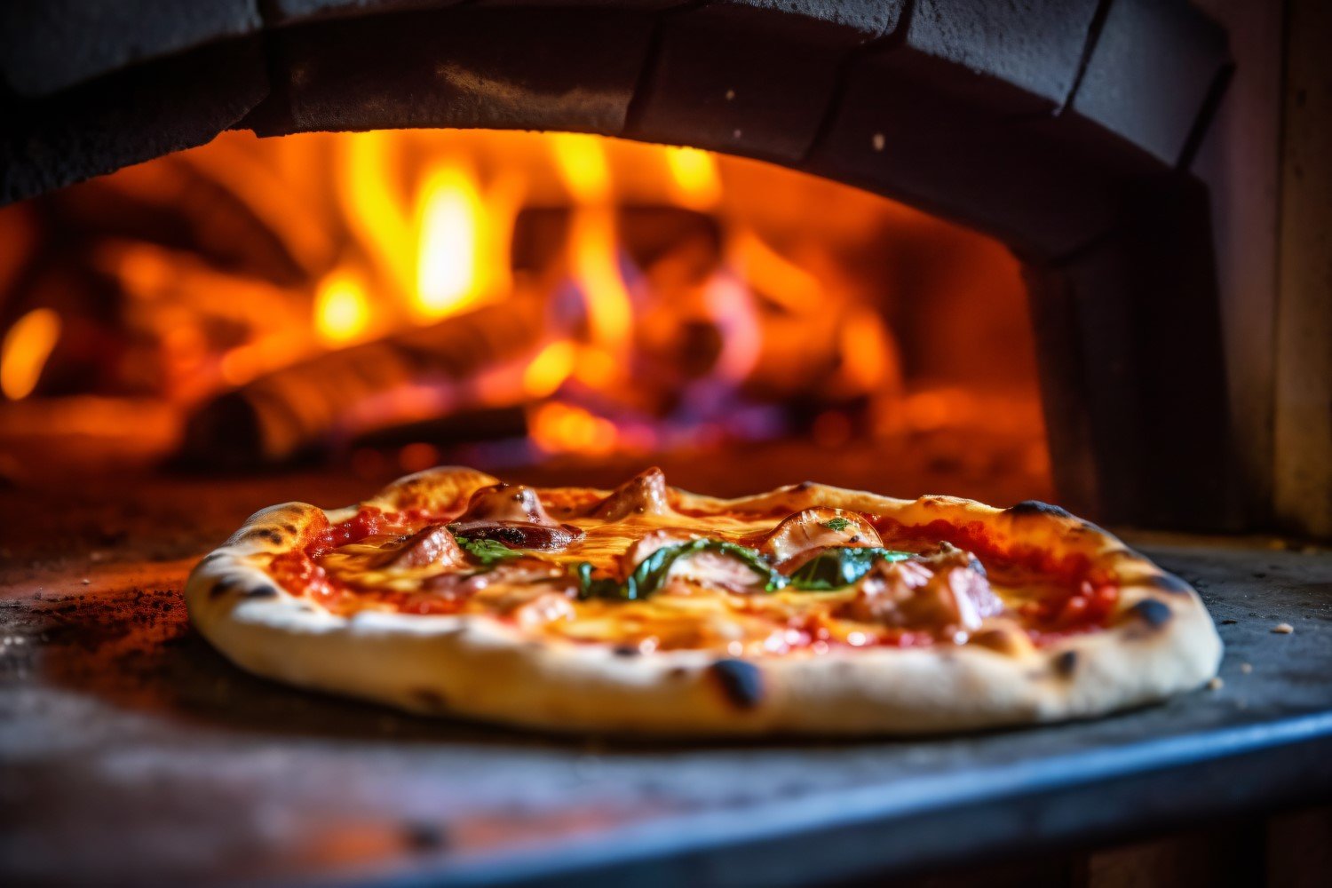 BBQ Chicken Pizza on a pizza stone in front of a fire 46