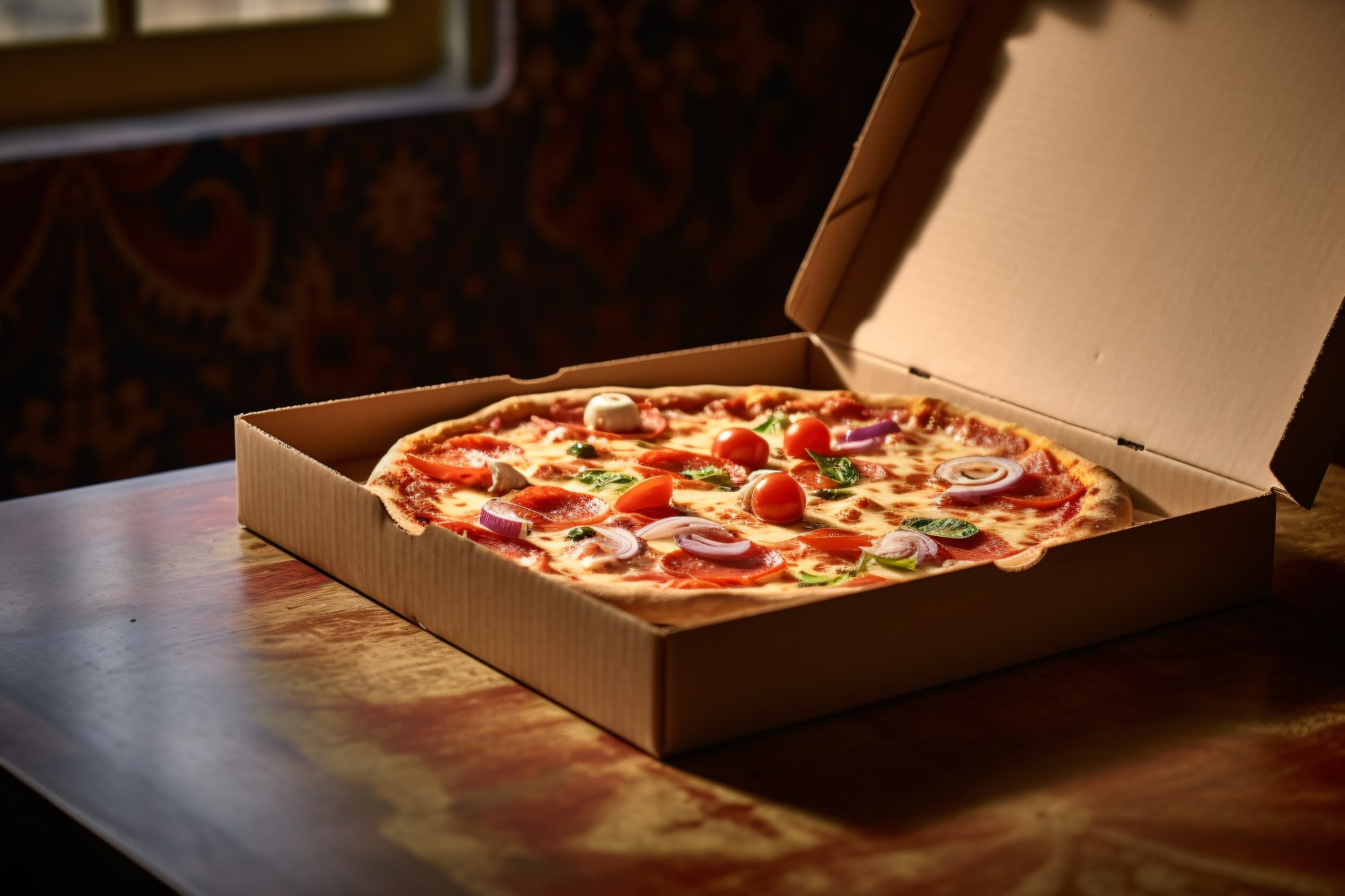 Open Cardboard Pizza Box Realistic Veggie Pizza 9