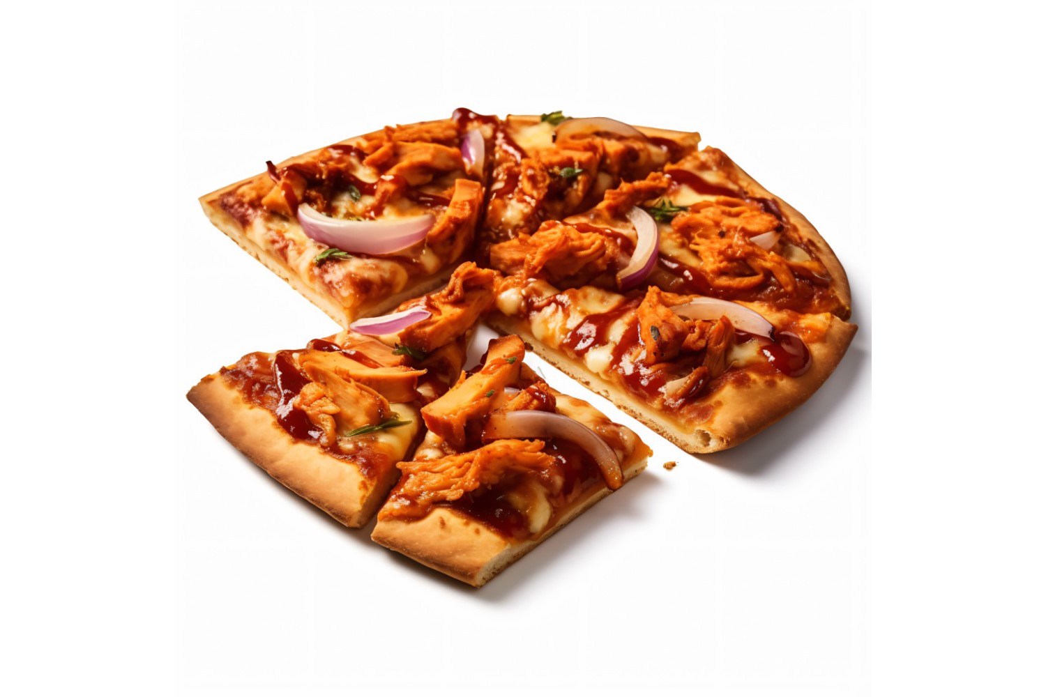 BBQ Chicken Pizza slices topped with onions 1
