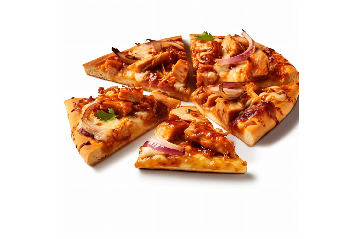 BBQ Chicken Pizza slices topped with onions 2