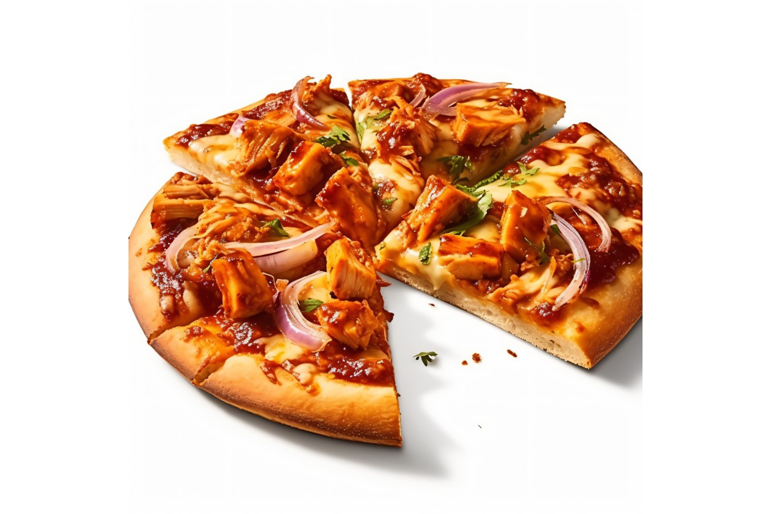 BBQ Chicken Pizza slices topped with onions 3