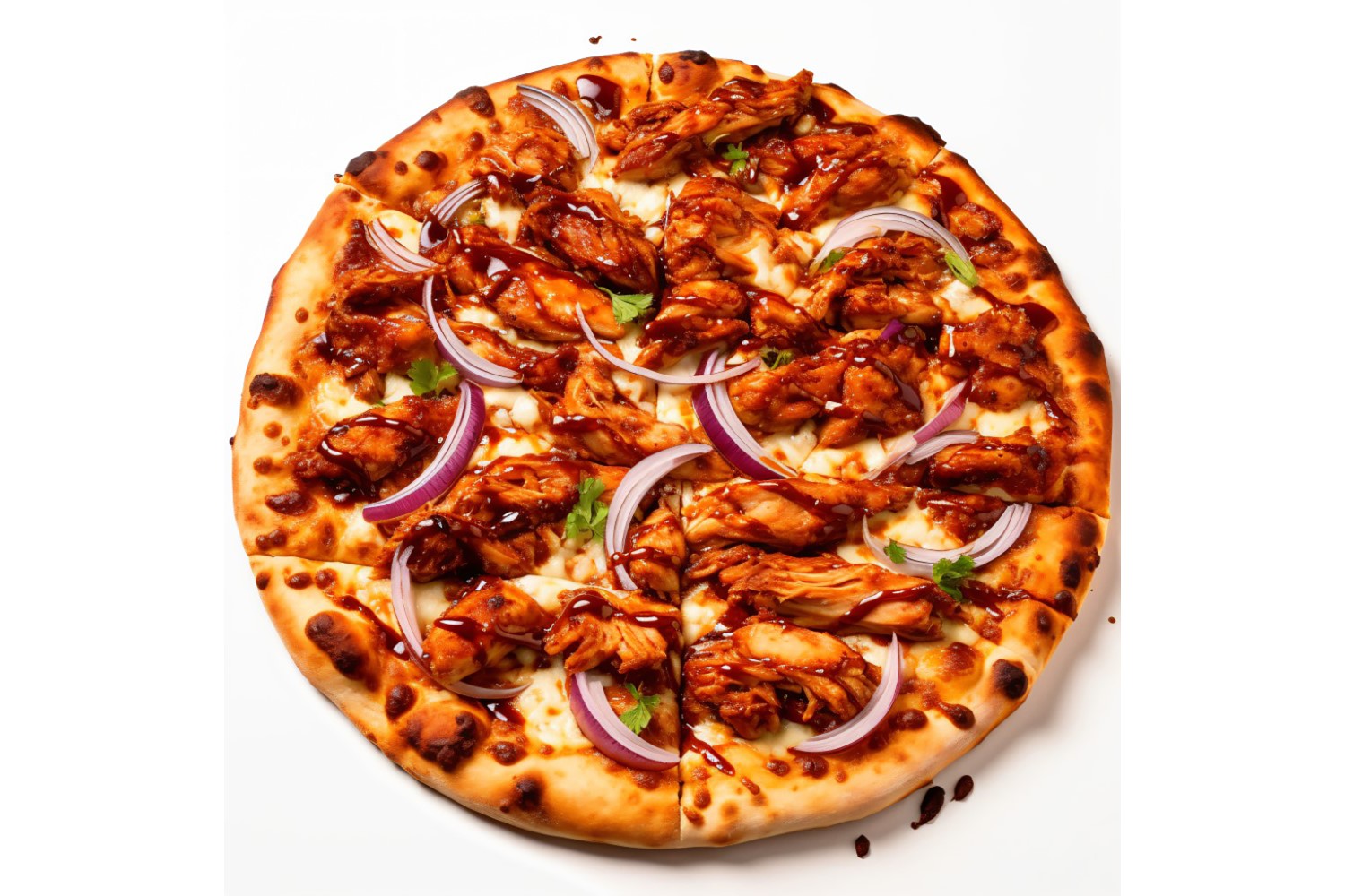 A pizza with chicken and onions on it flat lay shot 5