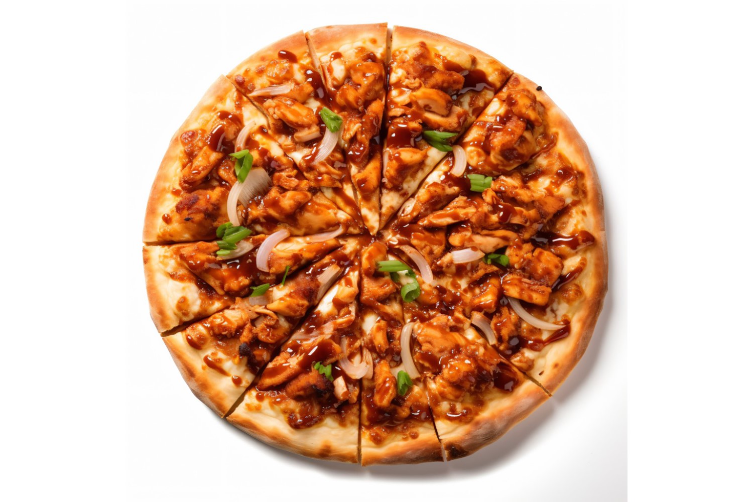 A bbq chicken pizza and onions on it flat lay shot 6