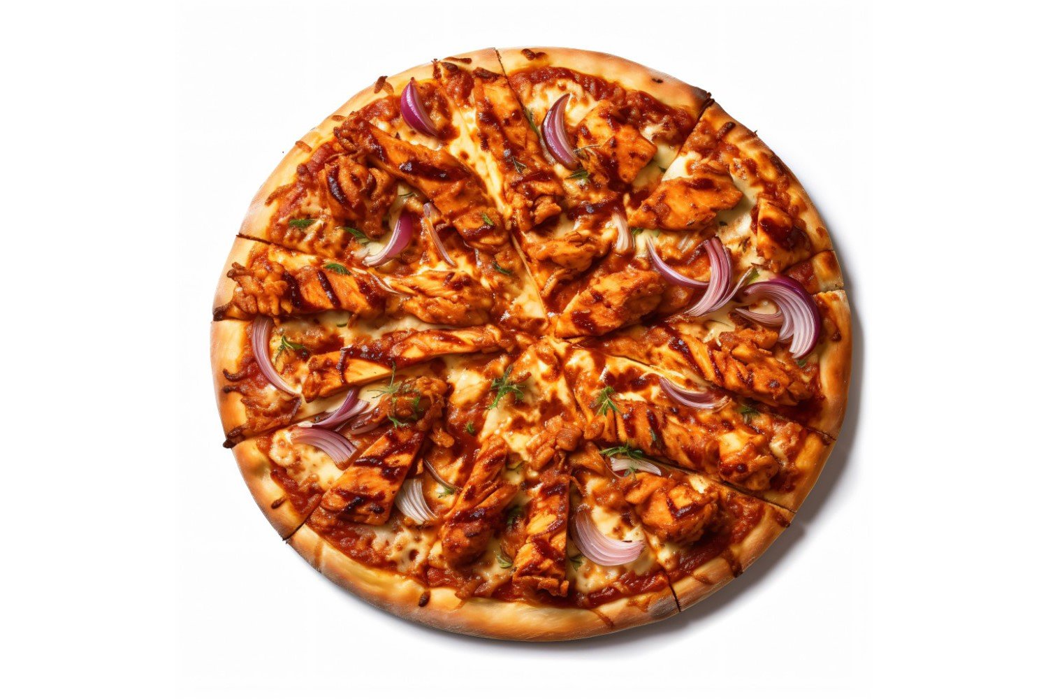 A bbq chicken pizza and onions on it flat lay shot 7