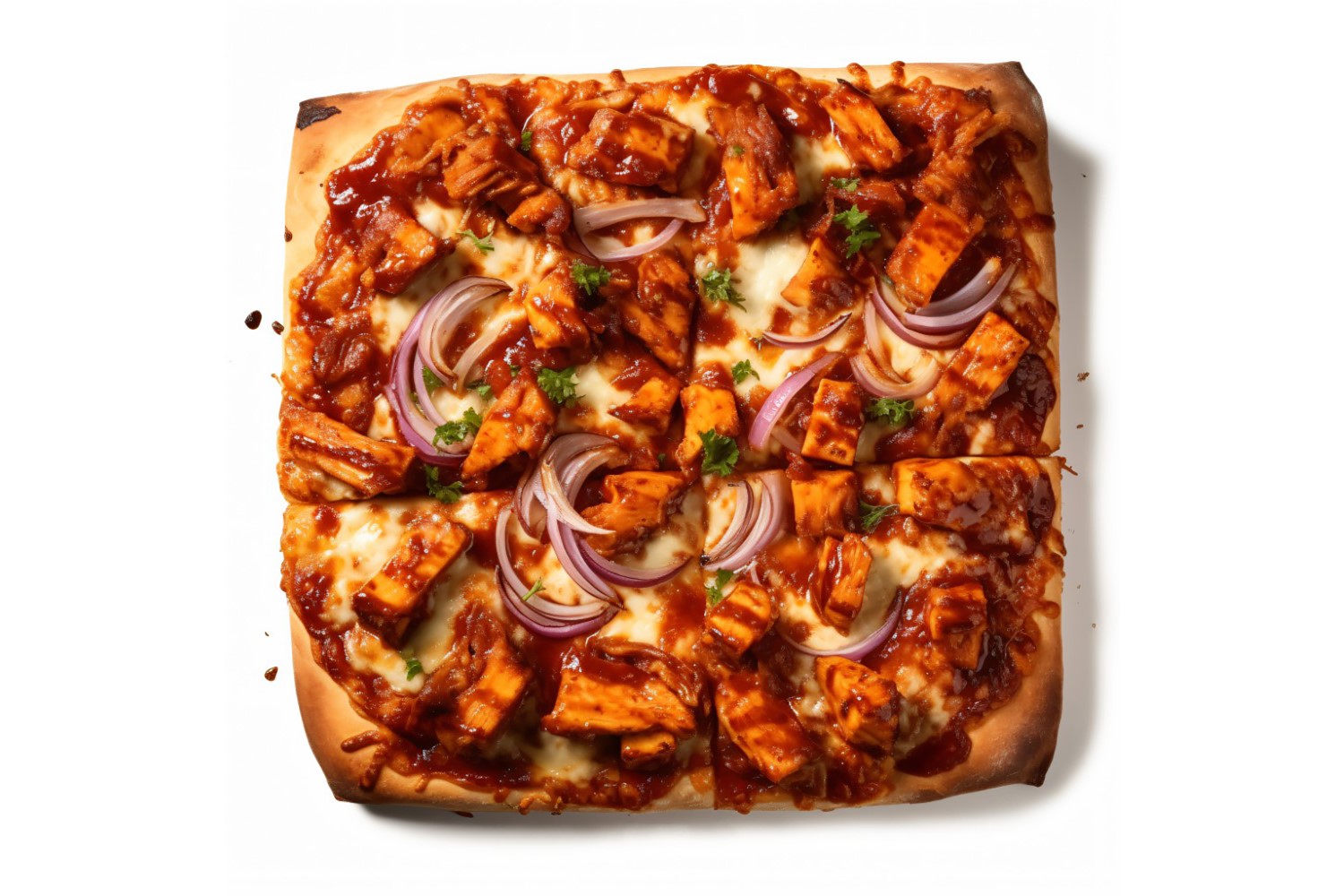 Square BBQ Chicken Pizza On white background 14