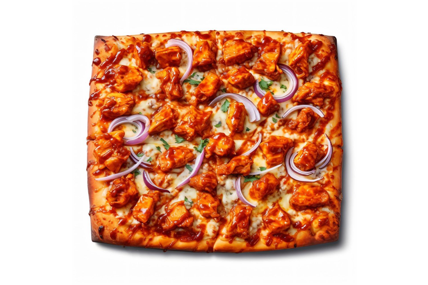 Square BBQ Chicken Pizza On white background 15