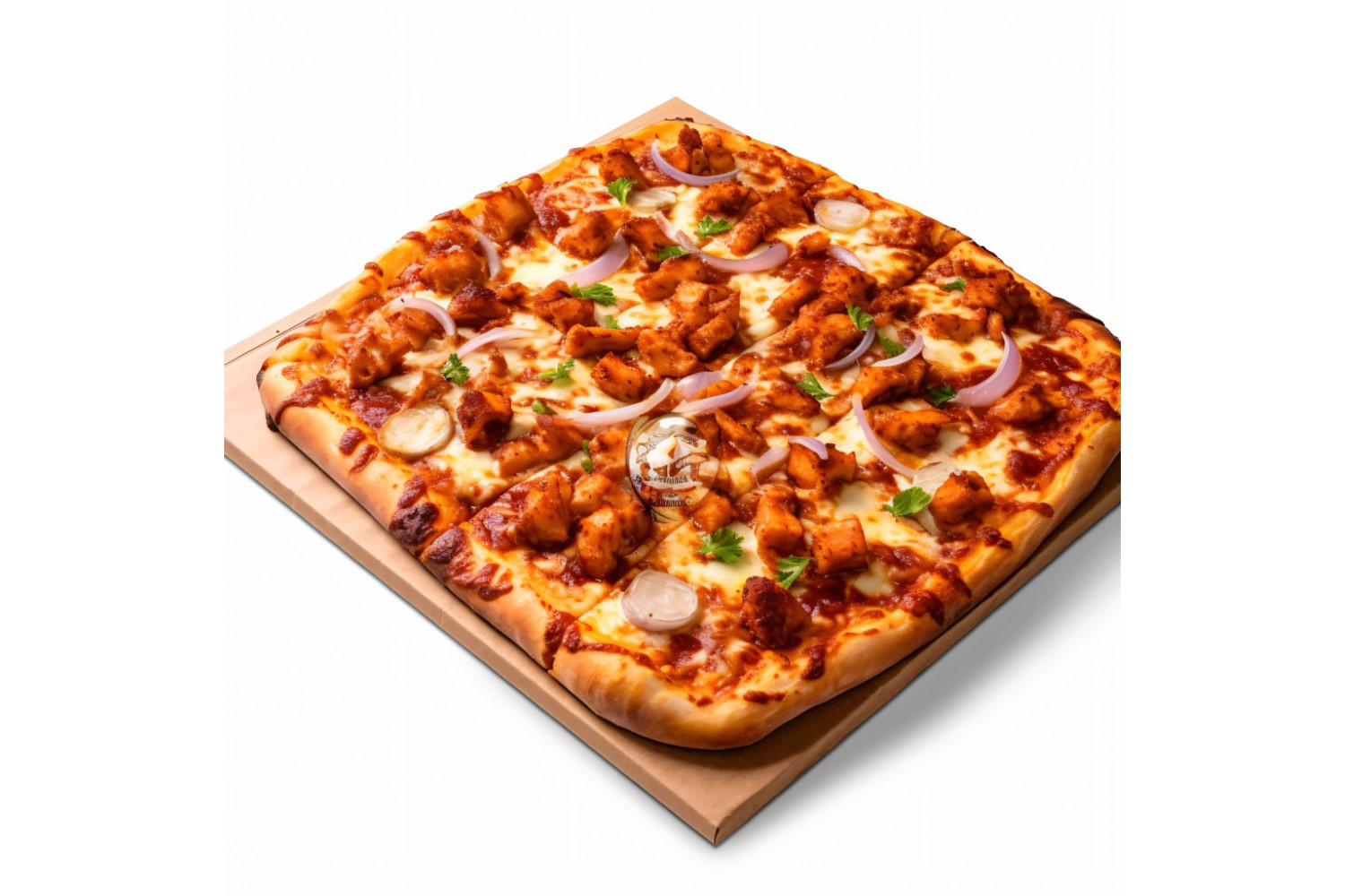 Square BBQ Chicken Pizza On white background 18