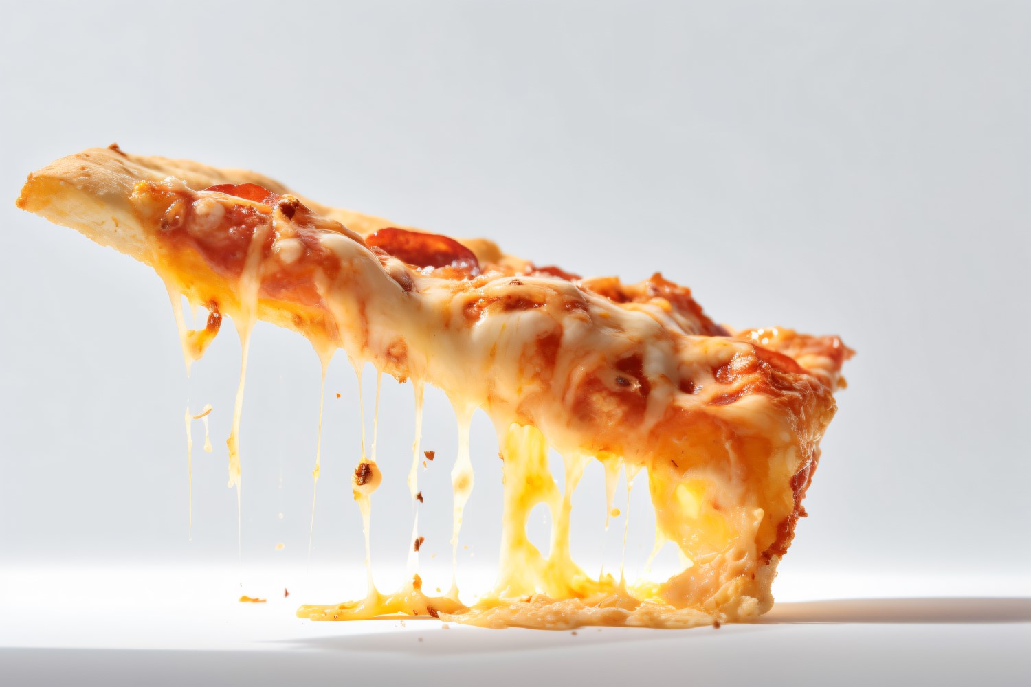 A slice of pizza with cheese dripping off it 14