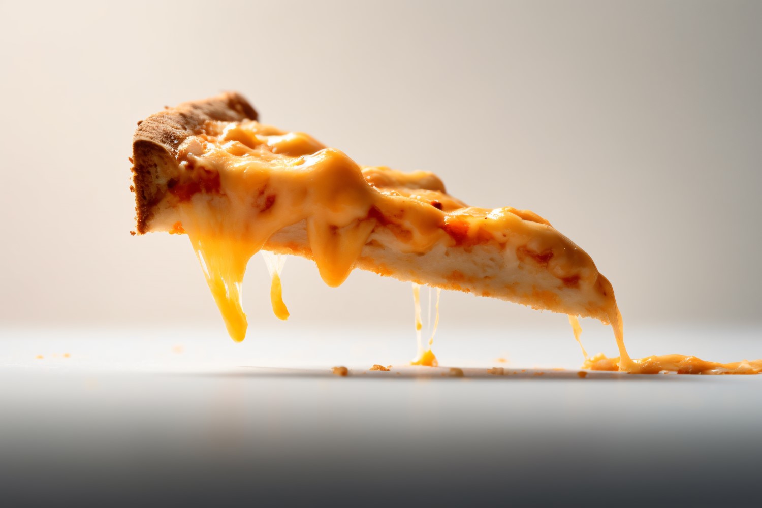 A slice of pizza with cheese dripping off it 16