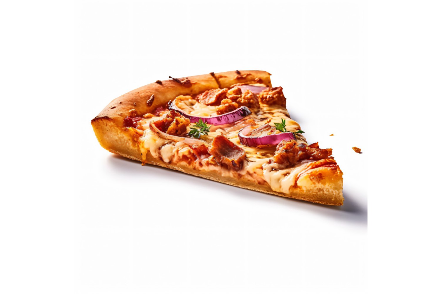 A slice of pizza with onions and meat on it 40