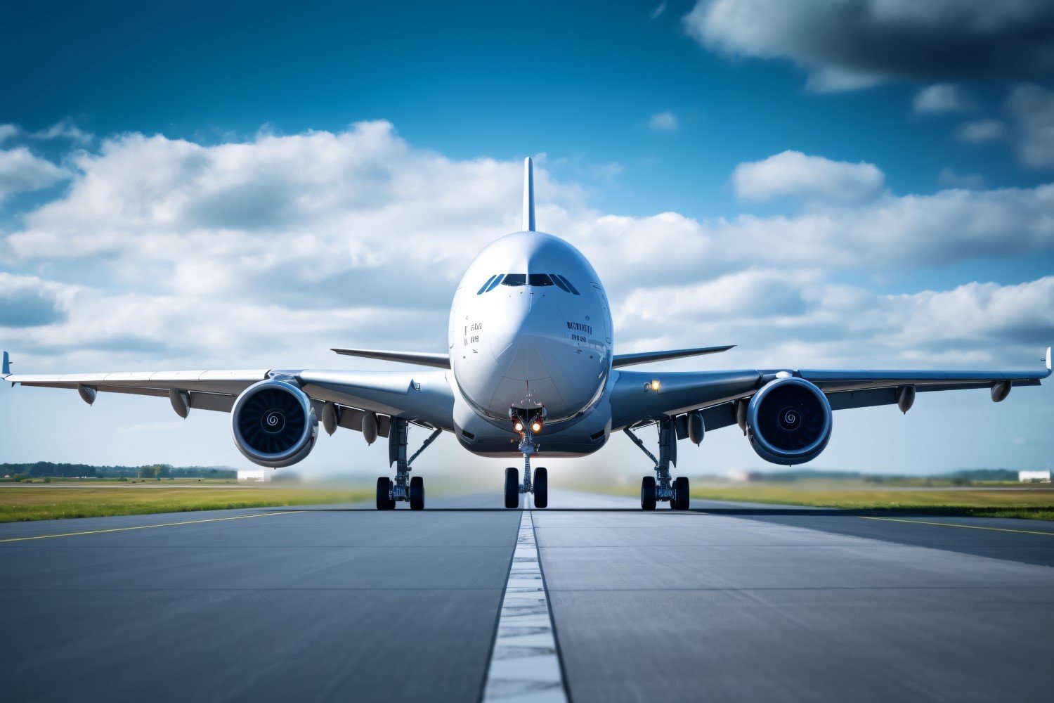 Full wings front view of a Airbus, airline landing on runway 44