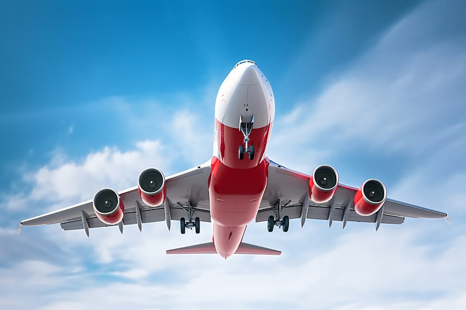 A Red and white aeroplane with sky cloud sunny day 277