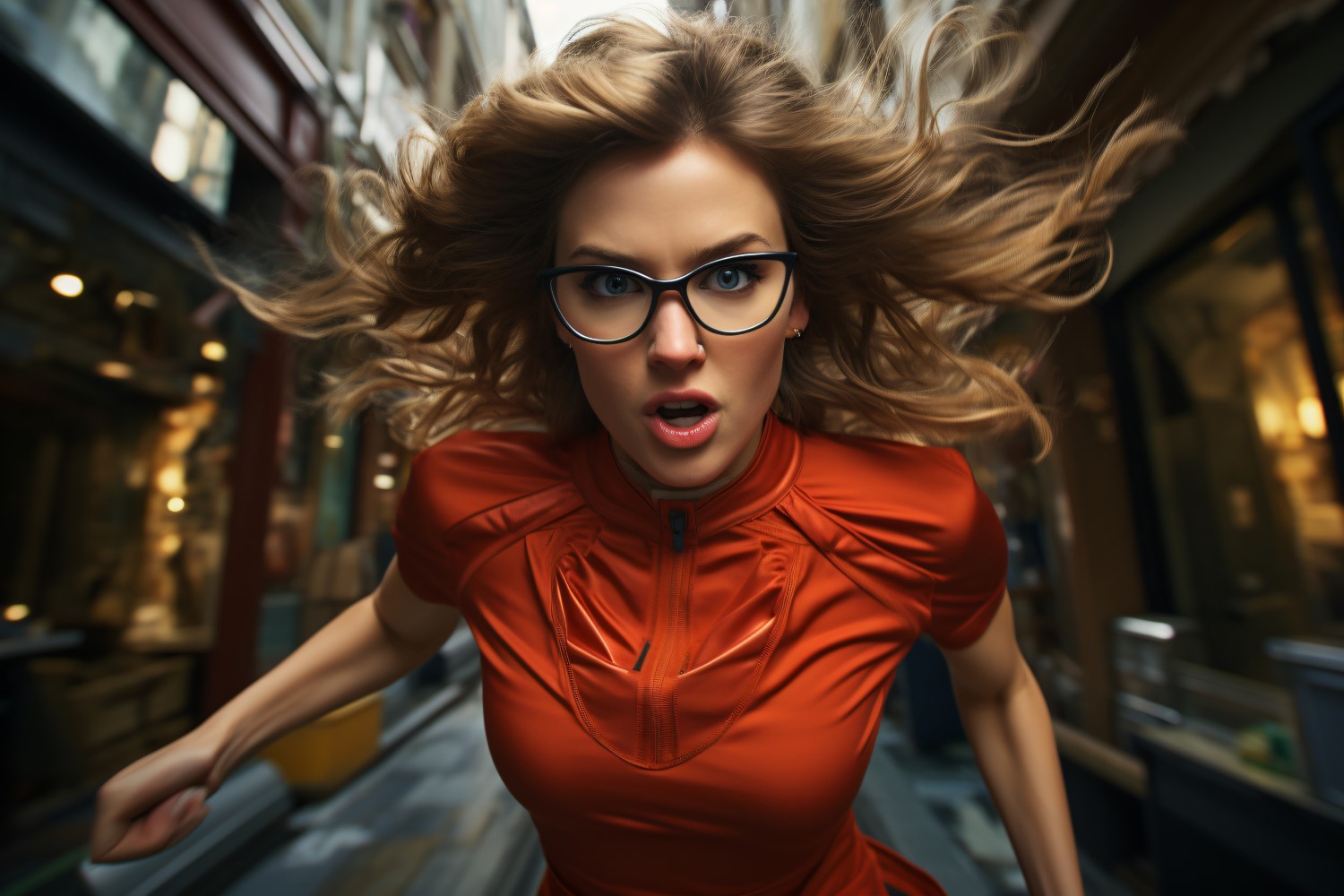 female superhero wearing red dress and running city street 7