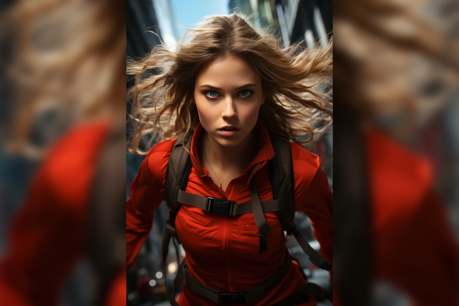 female superhero wearing red dress and running city street 10