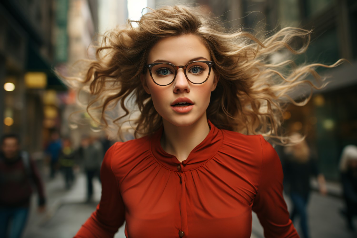 female superhero wearing red dress and running city street 12