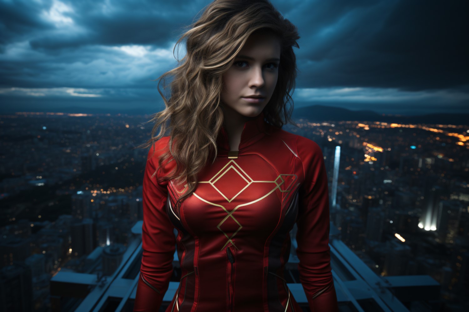 Young female superhero model standing on building urban area 25