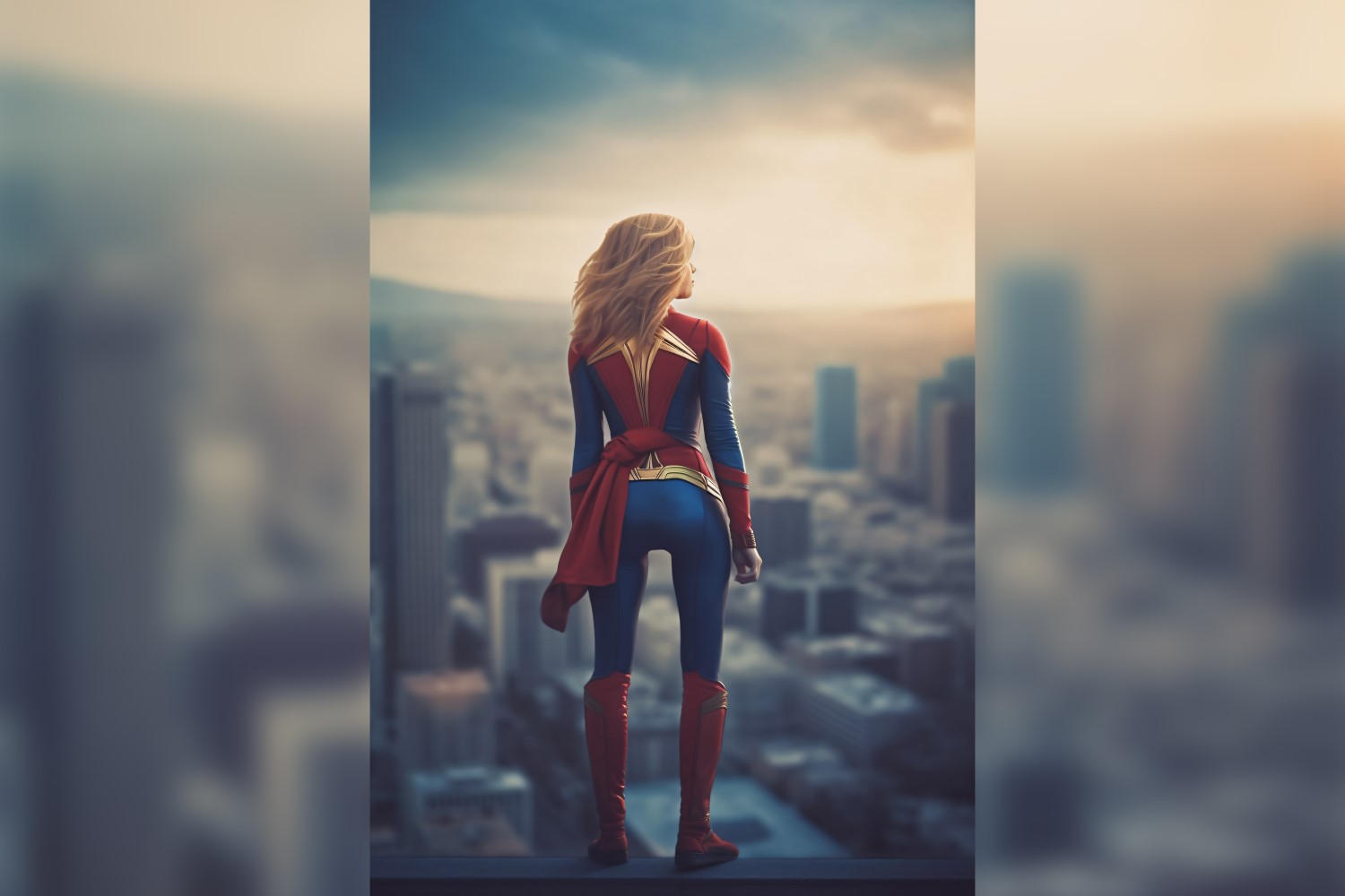 Young female superhero model standing on building urban area 79