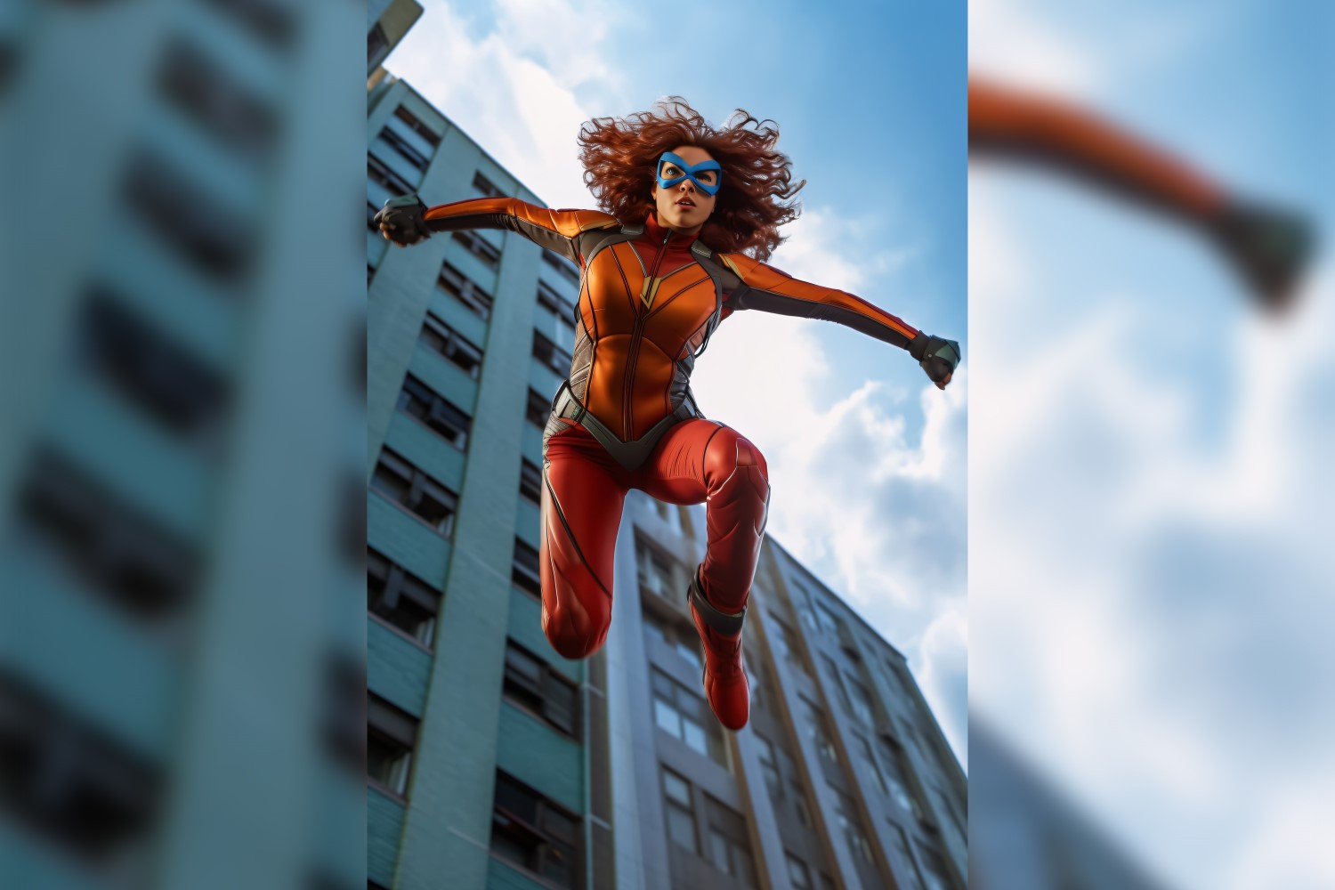 Female superhero girl angry expressions jumping building 108