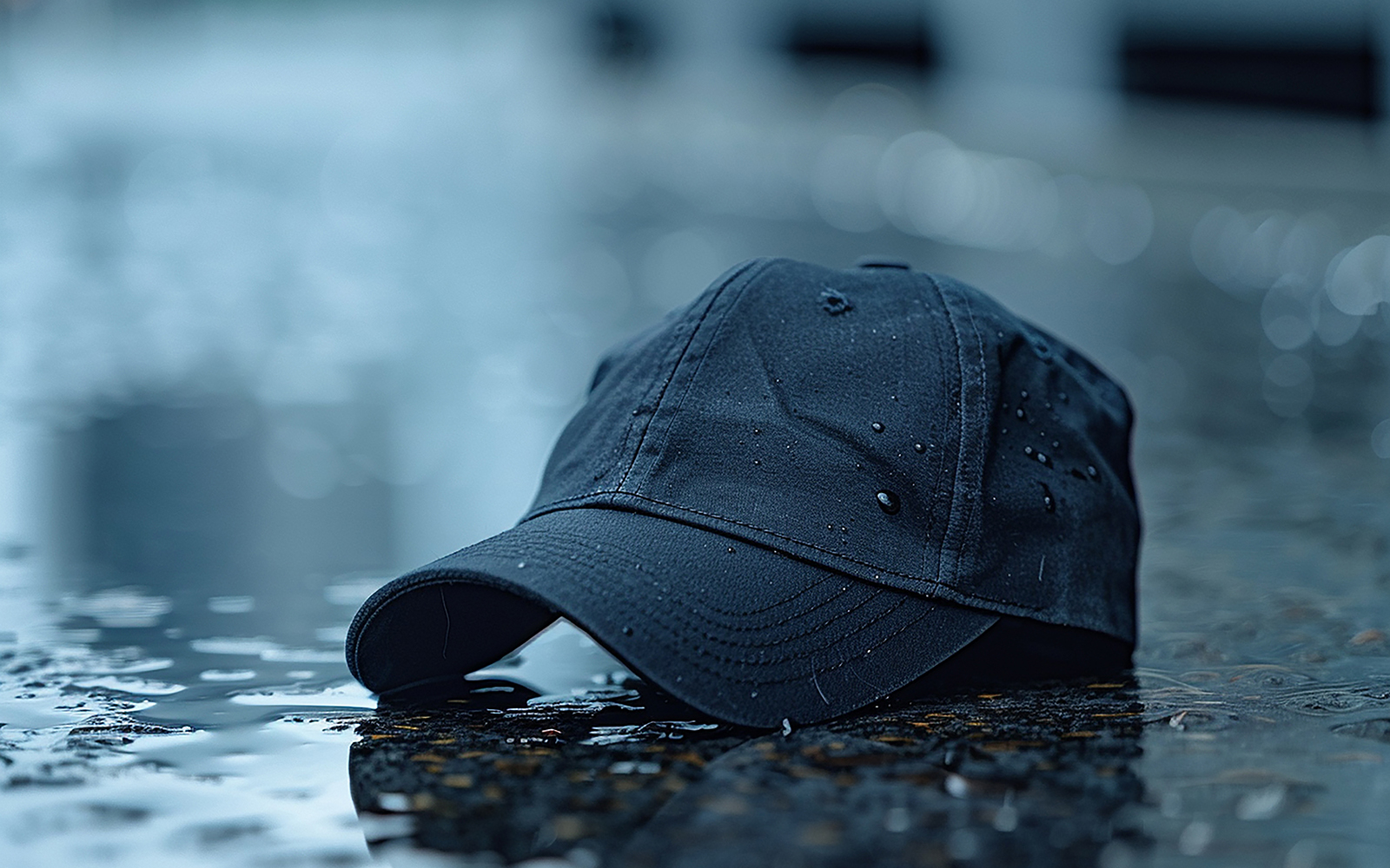 Black cap on the road_blank cap on rain_blank cap mockup