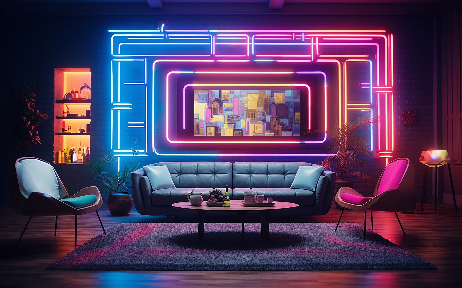 Livingroom_luxury livingroom_livingroom with sofa and neon action_luxury livingroom on neon wall